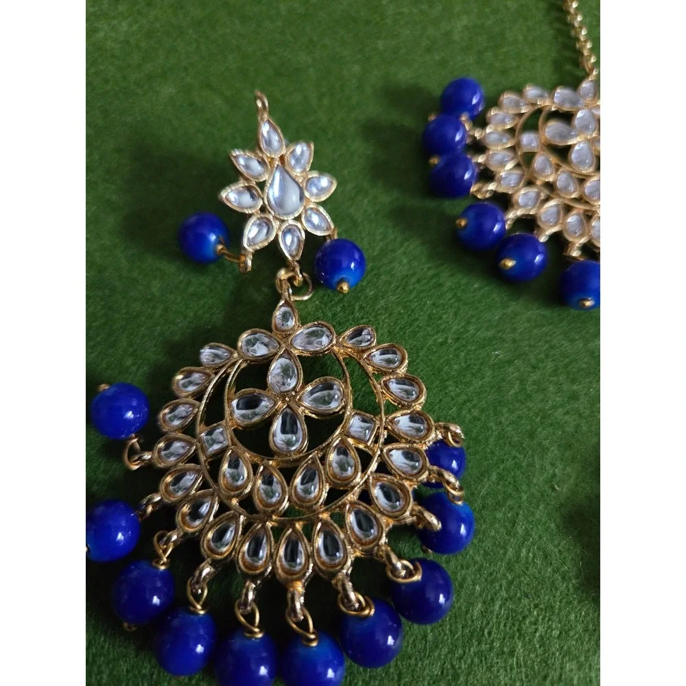😎Gold‎ Tone Kundan Maang Tikka Earring Set Royal Blue Beads Indian Jewelry